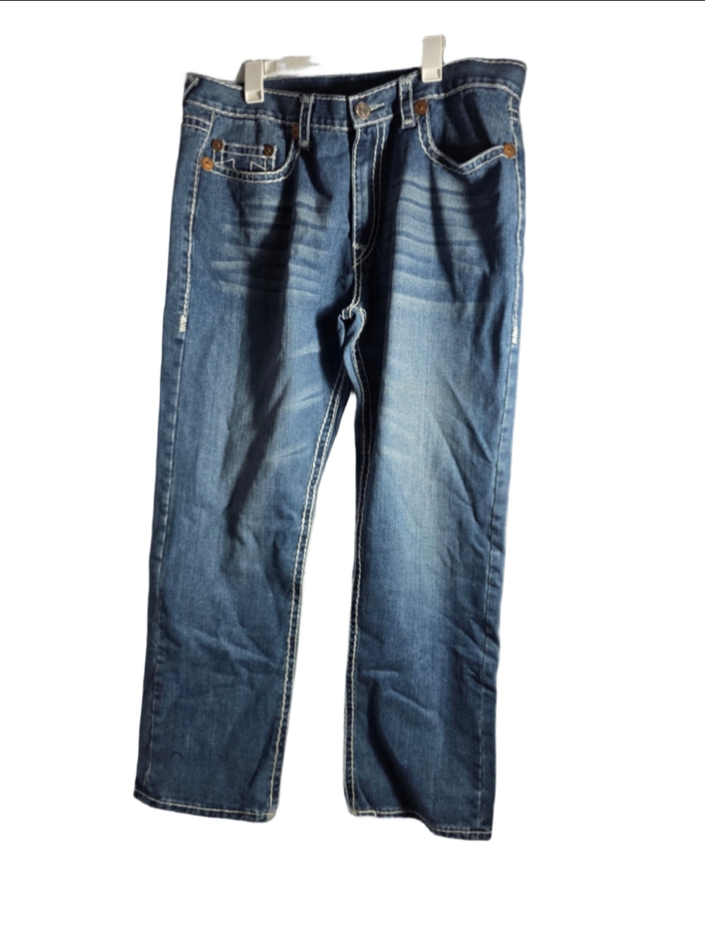 Men's True Religion Straight Jeans Waist 42 Blue White Designer preppy trendy